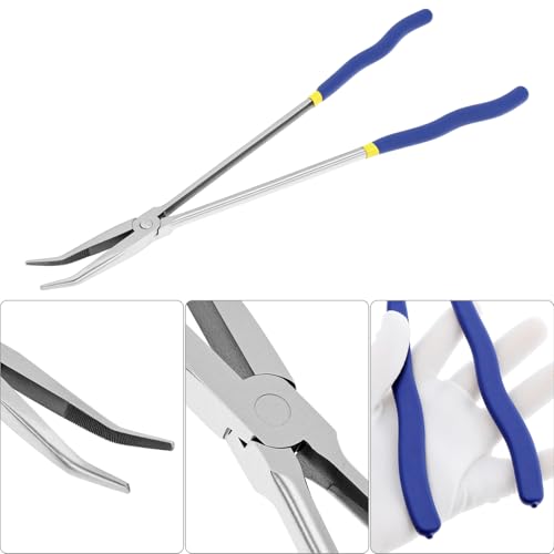 QWORK 16 Inch Long Reach Needle Nose Pliers, 45 Degree Angled Tip, Extra Long Handles, Tight Serrated Jaws for Narrow Spaces, Automotive Mechanic & Machinery Maintenance