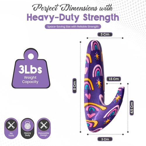 Adhesive Wall Hanging Hooks | Pack of 3 Purple Rainbow Print Wall Hooks with Heavy Duty Sticky Strips that Hold Up to 3lbs, Easy to Install Hanging Hook for Painted Walls & Kitchen