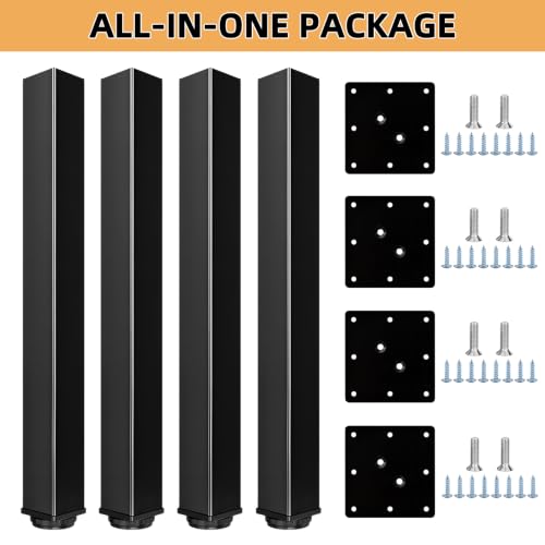 QLLY 14 Inch Adjustable Metal Coffee Table Legs, Heavy Duty Square Furniture Legs with 1” Leveling Feet for Ottoman, Bench, End Table and Sofa Replacement, Set of 4 (Black) - color: Black, size: 14 inch