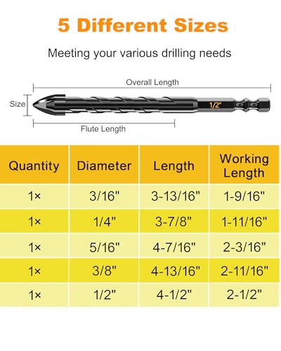 5Pcs Cross-Tip Masonry Drill Bit Set & Concrete Drill Bit Set, 3/16"-1/2" - size: 5 pcs 3/16"-1/2" Masonry Drill Bits