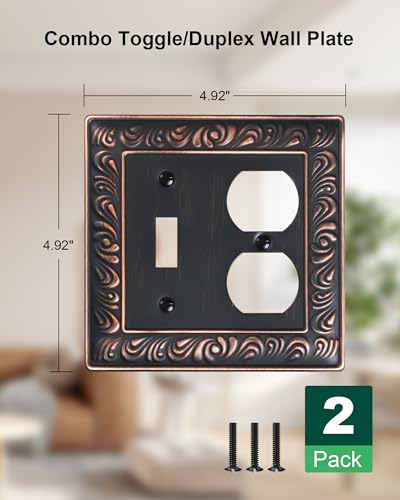 2-Pack Paisley Pattern Metal Combo Toggle/Duplex Light Switch Cover Plate | Decorative Wall Outlet Cover Plate, 2 Gang Metal Wall Plates for Electrical Outlets, Light Switch, Aged Bronze - color: Aged Bronze, size: 1 Toggle/1 Duplex 2PK