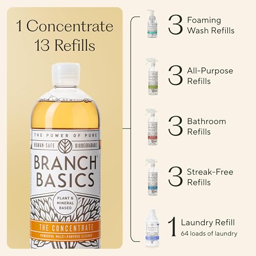 Branch Basics Premium Kit: All-Purpose, Glass, Bathroom, Hand Wash, Laundry | Refillable Plastic Bottles + Concentrate, Oxygen Boost. Fragrance-Free, Human-Safe, Plant-Based Formulas - style: Plastic Spray Bottles
