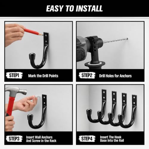24-piece Heavy Duty Garage Storage Hooks, Bike Hooks for Garage Wall, Utility Garage Hooks, Wall Mount J Hook for Hanging, Large Metal Storage Organizer Tool, Extension Cord Hanger - color: Black