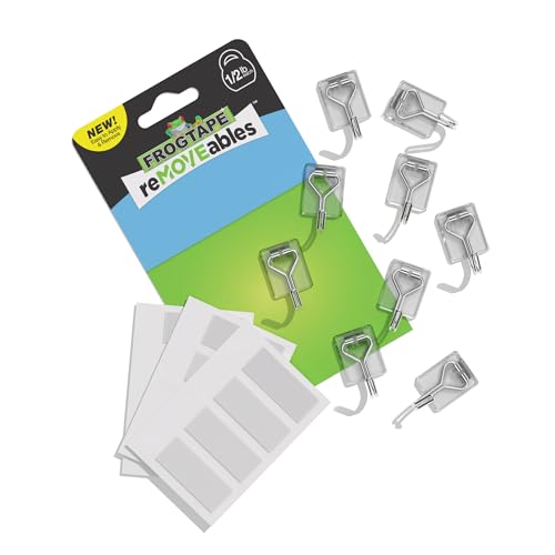 FrogTape reMOVEables Damage Free Adhesive Hook - Removable & Reusable Small Wire Wall Hooks for Hanging - No Nails - Includes 9 Hooks & 12 Adhesive Strips - Holds up to 0.5 lb - Clear (Pack of 18) - color: Clear, size: Pack of 18, style: Small