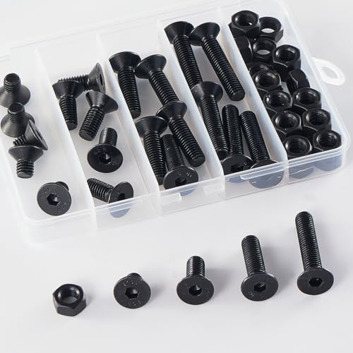 M8 x 10mm 20mm 30mm 40mm, Flat Head Hex Socket Cap Screws Bolts, Countersunk Bolts and Nuts, 10.9 Grade Alloy Steel, Black Oxide, Metric Allen Drive, Fully Thread, Assortment Kit 48PCS - size: M8x10-40mm+Nuts