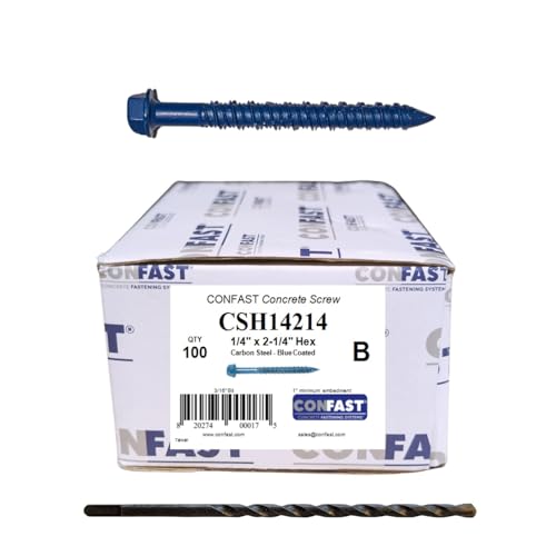 CONFAST 1/4" x 2-1/4" Hex Head Concrete Screw Anchor with Drill Bit for Anchoring to Masonry, Block or Brick (100 per Box) - size: 1/4" x 2-1/4"