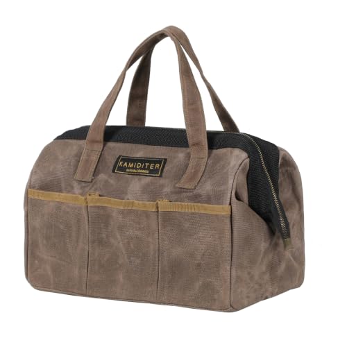 Tool Bag, 13-inch Heavy Duty 16oz Waxed Canvas Wide Mouth Water-Resistant Tool Bag, Tool Tote with Handle for Tools, Wrenches, Screwdrivers (13 X 7 X 9 inch) | Grey - color: Grey, size: 13 Inch