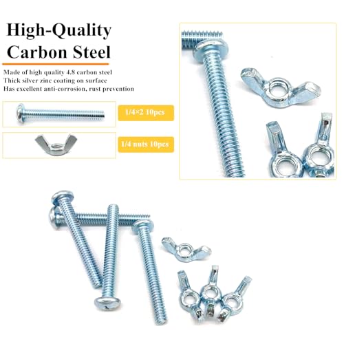 20Pack 1/4"-20 x2 Screw Bolts and Wing Nut Kit 10pcs Machine Screws with Round Head Phillips 10pcs Butterfly Hand Twist Tighten Nut Zinc Plated Hardware Fitting Fastenings Assortment Kit - size: Silver 20 Pack 1/4"-20 x2"