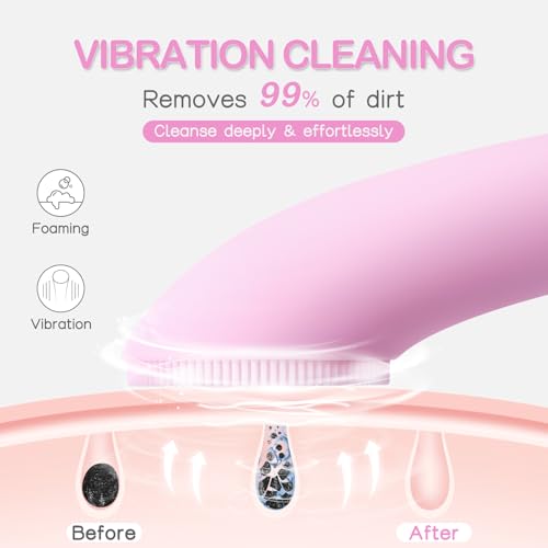 PRITECH Facial Cleansing Brush, Rechargeable Silicone Face Scrubber with Heat Massage End, Vibrating Exfoliator Scrubber for Deep Cleaning, Waterproof Face Brush for Women and Men (Pink) - color: Pink
