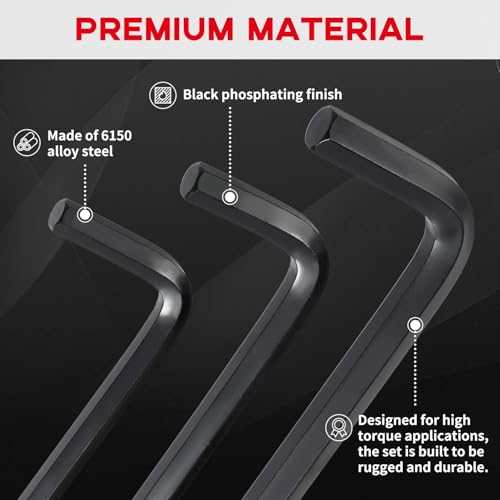 Reniteco 30 PCS Hex Head Key Allen Wrench Tool Set Organizer Kit Alloy Steel L Shape Black Metric (0.7-10 mm) SAE (0.028"-3/8") Standard In Storage Case Long Short Arm