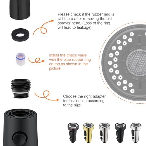 TIORIY Kitchen Faucet Head Replacement Black, with 15 Adapters Plastic Pull Down Faucet Spray Head, 3 Modes Pull Out Kitchen Sink Sprayer Nozzle, Matte Black - color: Matte Black, style: Blade Spray