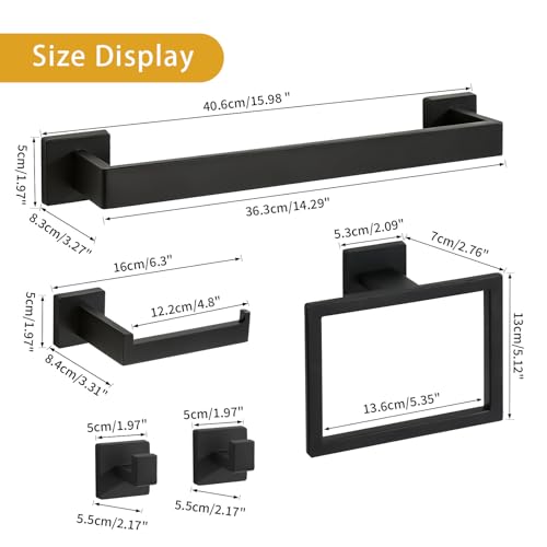 5-Piece Matte Black Bathroom Hardware Accessories Set - 16 Inch Stainless Steel Wall Mounted Towel Rack, Toilet Paper Holder, Towel Ring & 2 Hooks, Bathroom Organizer and Storage - color: A-16 Matte Black