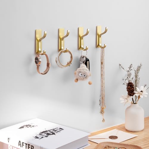 Adhesive Wall Hooks for Towel/Coat,13Lb Strong Stick-On Hooks, Gold 6 Pack - color: Gold, size: 6 Pack