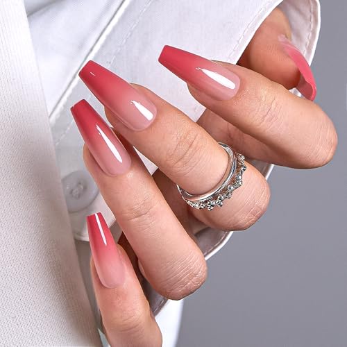 CurvLife Long Square Ombre Press On Nails, Blush Flow Red, Soft Gel - color: Blush Flow