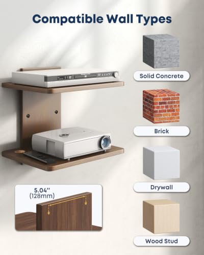 Floating TV Projector Shelf Wall Mount - 2 Tier Wooden Shelf, Walnut Brown - size: 2-Tier Shelf