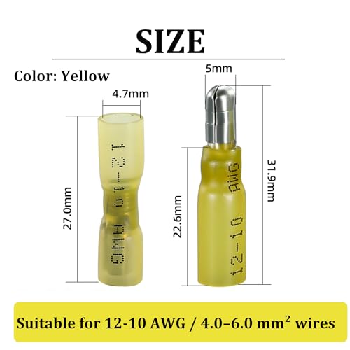 200PCS Heat Shrink Bullet Connectors, Bullet Terminals, Female and Male Crimp Connectors for Watercraft, Electronics, Automotive AWG12-10-Yellow - color: Yellow AWG12-10
