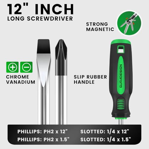 GURADESIGN 4-Piece 12" Long Screwdriver Set Slotted and Phillips, Long & Short Magnetic Screwdriver Set