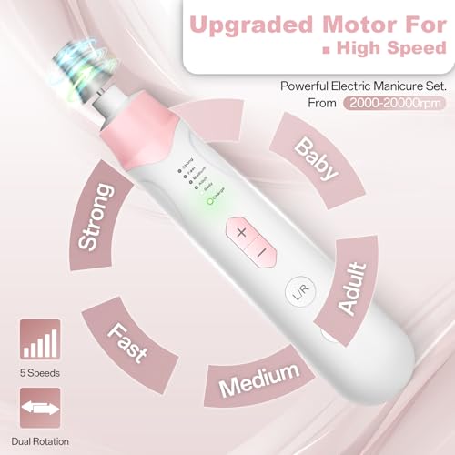 Electric Nail File Drill 2000 mAh Cordless Rechargeable Nail Filer LED Lamp - color: Pink