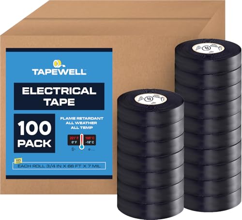 TAPEWELL Black Electric Tape Professional Grade, 3/4 inch x 66ft - 100 Pack - size: Pack of 100