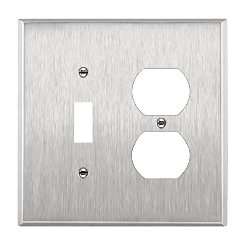 ENERLITES Combination Toggle & Duplex Metal Wall Plate, Midsize, Silver - color: Stainless Steel, size: Mid-Size