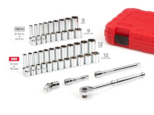 TEKTON 3/8 Inch Drive 6-Point Socket and Ratchet Set, 46-Piece (5/16-3/4 in., 8-19 mm) | SKT15301 - size: 46-Piece (8-19 mm)