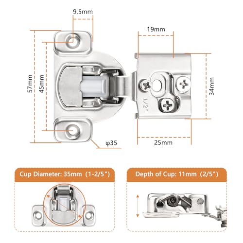 Probrico 10 Pack 5 Pair 1/2 inch Overlay Soft Close Cabinet Hinges Hidden Door Hinge for Kitchen Cabinet Hinges Concealed Self Closing Face Frame for Cupboard, Wardrobe, 105 Degree Opening Angel - size: 1/2 Inch