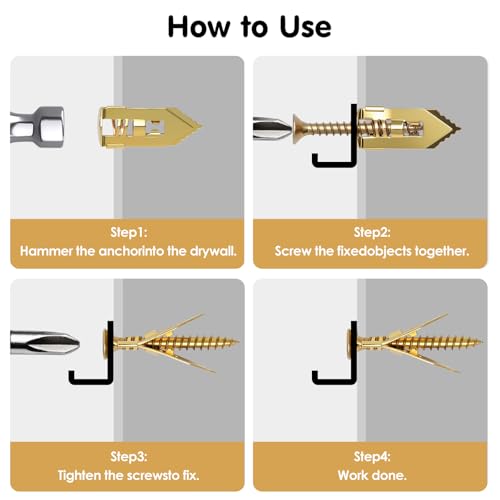 180 PCS Drywall Self-Drilling Anchors with Screws Kit, 90 Anchors (0.47x1.18) +90 Zinc Plated Screws, No Drill Needed, Suitable for Heavy Duty Hanging of TVs, Shelves, Picture Frames, etc.