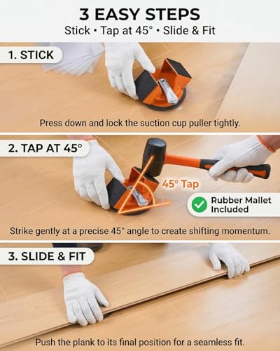 Saker Floor Gap Fixer Kit Suction Cup Tool with Mallet & 10 Washable Pads