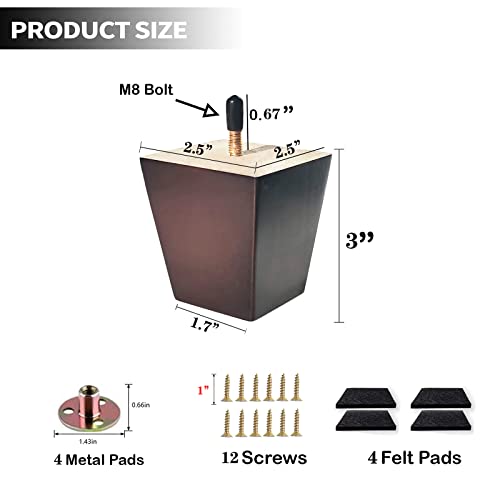 Sofa Legs Square Bed Feet 3 inch Wood Replacement Leg for Furniture Set of 4, Dark Brown… - color: 4sets, size: 3inch