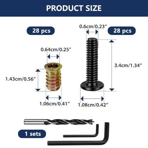 1/4"-20 Threaded Insert Nuts 28 Sets for Wood – Furniture Hardware Kit with Hex Drive Bolts, Pilot Drill Bit + Wrenches – for DIY Furniture Assembly, Bed Frame Repair, Cabinet Building - size: 28 PCS 1/4"-20
