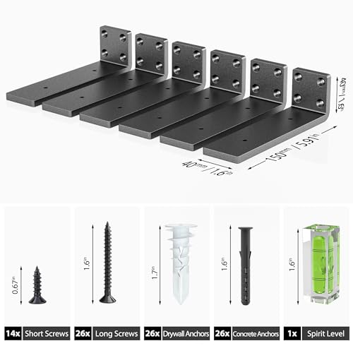 HOZE Heavy Duty Shelf Brackets 6-Inch, 6 Pack, Modern Black Matte Finish, 1/5" Thick Steel, Metal L Brackets, Easy-to-Install, Strong Support for Shelves, Versatile & Stylish (6 Inch - 6 Pack) - size: 6 Inch, style: 6 Pack