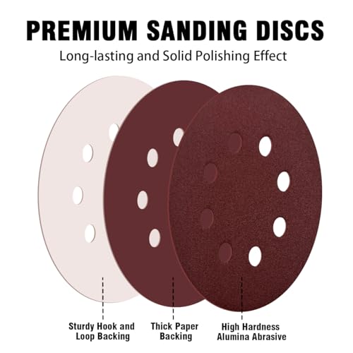 52 Pack 5 Inch 8-Hole Hook and Loop Sanding Discs Sandpaper Red Round 120 Grit Sandpaper for Random Orbital Sander - style: 120 Grit 52-Pack