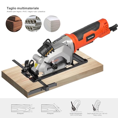 Yunirvana 4Amp 3500RPM Mini Circular Saw with Laser Guide, Vacuum Adapter, Blade Wrench and Rip Guide, Max. Cutting Depth1-5/8"(90°), 1-1/10"(45°）Compact Saw with 2 pcs 4-1/2" 24T TCT Blades - style: 4A Circular Saw