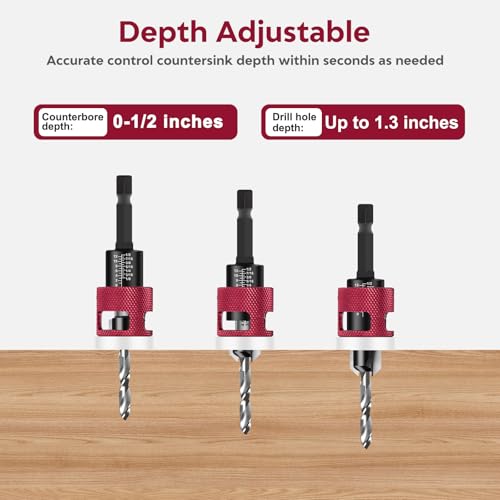Countersink Drill Bit Set - 5 Pcs Countersink Drill Bit with Low Friction Depth Stop, Replaceable HSS M2 Tapered Bits, Carbide Drill Bits 1/4” Hex Shank for Woodworking Tools & Hand Tools - color: Red