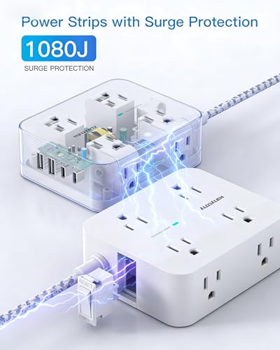 PD30W USB C Power Strip Surge Protector 10Ft, 1080J Desk Charging Station - color: White&Gray, size: 10ft