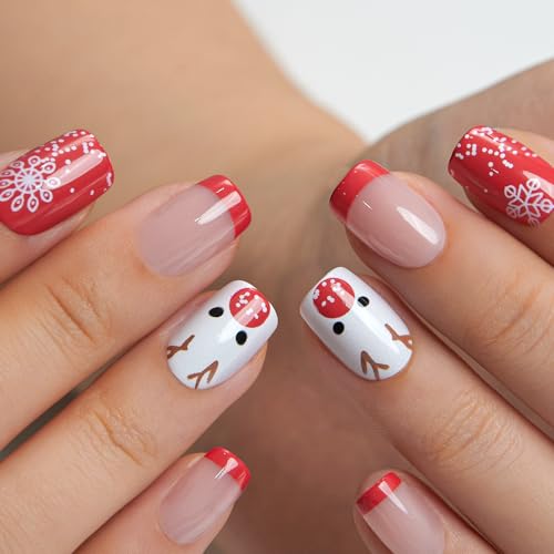 CurvLife Short Square Press On Nails, Christmas Deer Red,Soft Gel - color: Christmas Deer