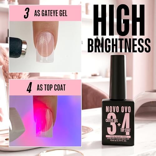 NOVO OVO UV Nail Glue (Also Work as Builder Gel) and Top Coat (with Cat Eye Effect) Kit, Hema TPO Free, Super Strong Adhesive for Press on Acrylic Nails, CatEye Gel Glitter Polish, Magnet Included