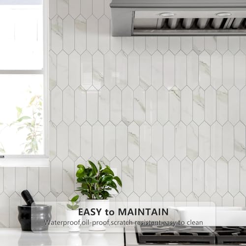 Vamos Tile Glossy White Marble Backsplash Tile Peel and Stick, 12.8 x 12.8 Inch 10 Sheets Long Hexagon PVC Self Adhesive Mosaic Wall Tiles Stick on Backsplash for Kitchen and Bathroom - color: Glossy White Marble
