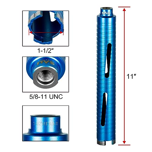 SALI Diamond Core Drill Bits 1 1/2" Diameter 10"/254mm Drilling Depth 5/8-11" Thread Core Bit Turbo Laser-Welded Segments for Cured Concrete with Brick, Block, Masonry, with Two Adapters - size: 1 1/2 inch
