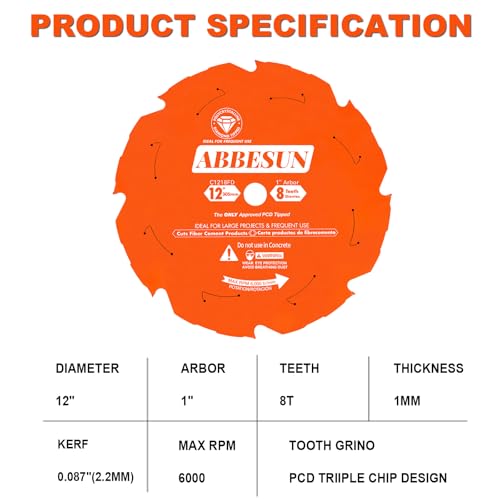1 Pack 12 Inch 8T PCD Tipped Hardie Blade Fiber Cement Circular Saw Blade - size: 12" 8T (1 Pack)