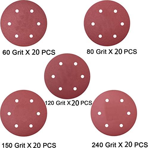 100 PCS 9-Inch 6-Hole Drywall Sanding Discs Set - 60 80 120 150 240 Grits Sandpaper , 9" Aluminum Oxide Hook-and-Loop Drywall Sander Paper for Power Drywall Sander