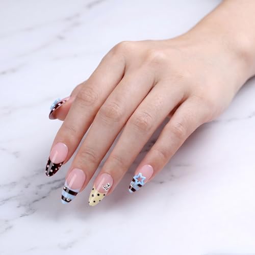 Medium Almond Press On Nails with French Tip Y2K Star Polka Dot Stripe - color: Style17