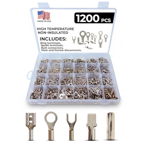 1200 Piece - 900°F High Temperature Crimp Wire Connectors Electrical Assortment Kit - Non-Insulated Nickel Plated Steel Ring/Spade/Butt Terminal Connectors (Male & Female)- Made in USA