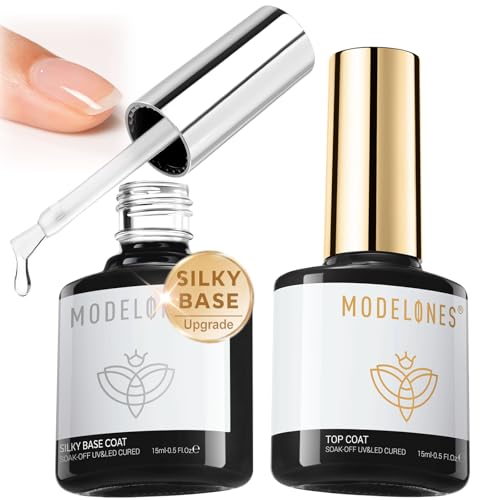 modelones Gel Top Coat and Silky Base Set 15ml Upgrade No Wipe Glossy