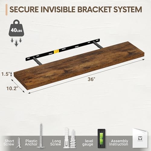 Vivelove 36" Floating Shelves 10 inch Deep, Set of 2, Rustic Brown - color: Rustic Brown, size: 35.4”wx10.2”dx1.5”h