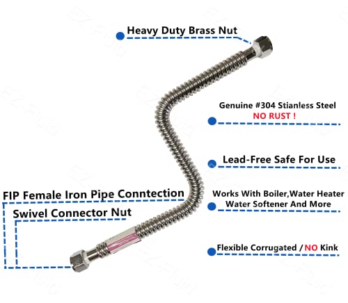 EZ-Fluid 15" x 3/4-Inch FIP x 3/4-Inch FIP Corrugated Flexible Stainless Steel Water Heater Connector Supply Line for Female Iron Water Hose Pipes Fitting,15-Inch (1-Pc) - size: 3/4-Inch FIP x 3/4-Inch FIP, 15-Inch