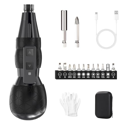 Mini Electric Screwdriver Set,Hillyfe 2500mAh Electric Screwdriver Cordless with LED Light, 13 Magnetic Bits, Extension Rod, Gloves, Storage Case,for Furniture/Electrical Repairs,Black