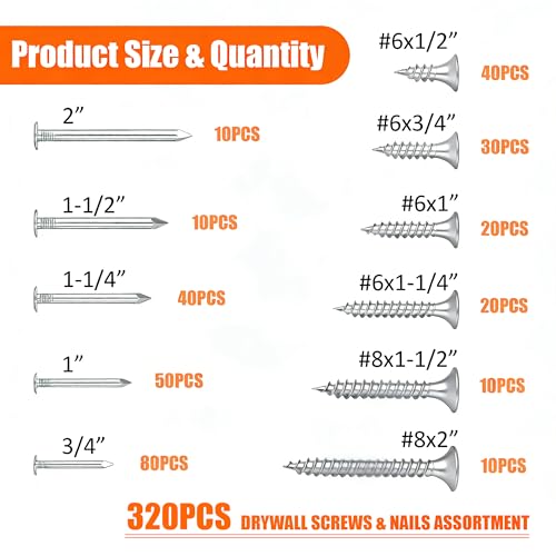 Dianrui Nails & Wood Screws Assortment Kit, 320 PCS #6#8 Philips Drywall Screws Set and High Hardness Hardware Small Nails for Picture Hanging/DIY Repair Project Length 1/2" to 2" - color: Silver, size: 320PCS