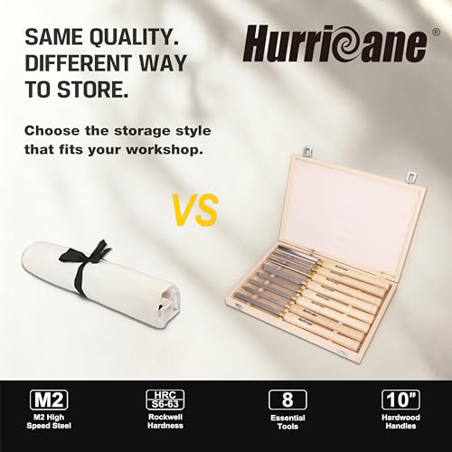 HURRICANE 8pc Wood Lathe Chisel Set, M2 HSS Wood Turning Tools with 10" Solid Hardwood Handles, Lathe Tool Kit for Beginners and DIY Hobbyists, Includes Protective Canvas Pouch - size: 8 pc with Canvas Pouch