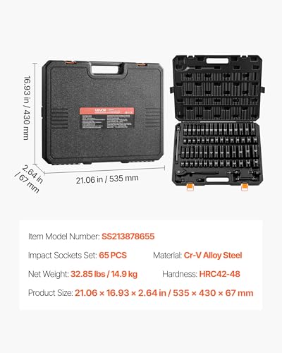 VEVOR 65-Piece 1/2" Drive Impact Socket Set, SAE (3/8" to 1-1/4") & Metric (10 to 24 mm), CR-V, Deep & Shallow, 6 Point, Ratchet Handle, Universal Joint, Adapters, Extension Bars (3, 5, 10 in) - size: 1/2" 65PCS
